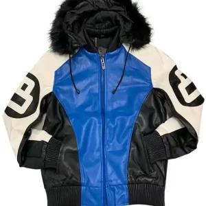 8 Ball Unisex Black White and Blue Bomber Leather Jacket