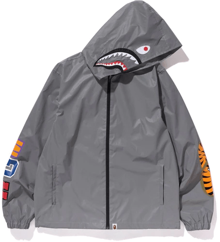 BAPE Reflector Shark Hoodie Silver Satin Jacket
