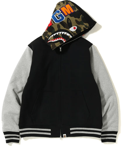 BAPE Shark Sweat Varsity Hoodie Black Grey Jacket