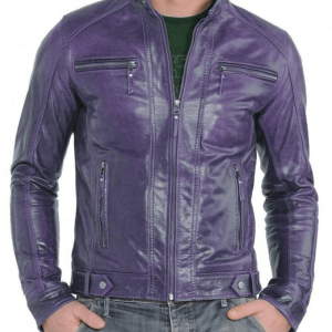 Biker Style Motorbike Purple Leather Jacket