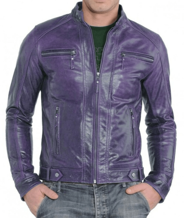 Biker Style Motorbike Purple Leather Jacket