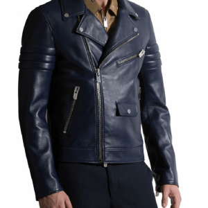 Biker Style Navy Blue Leather Jacket