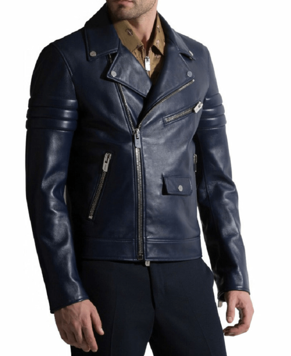 Biker Style Navy Blue Leather Jacket