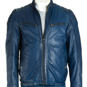 Blue Biker Style Quilted Leather Jacket