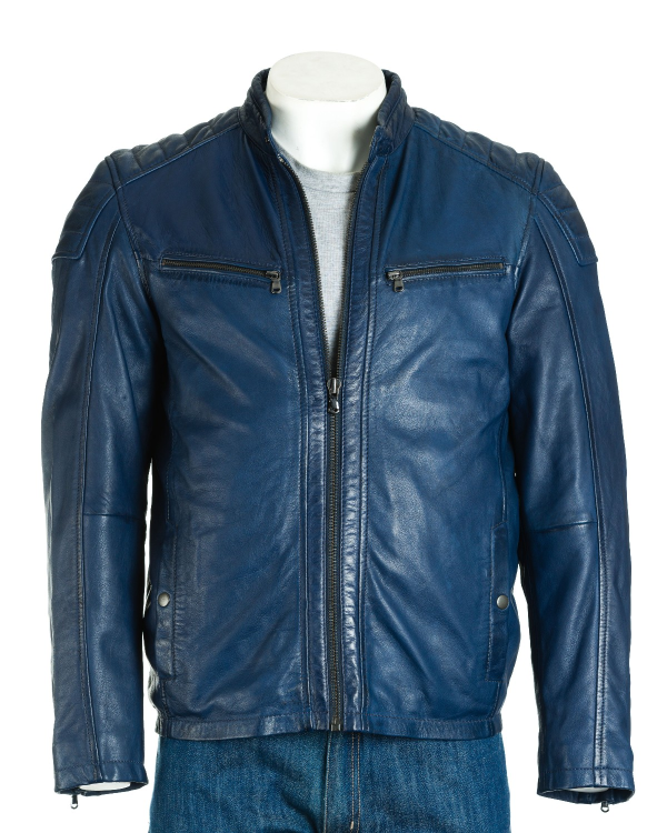 Blue Biker Style Quilted Leather Jacket