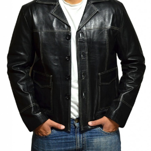 Brad Pitt Fight Club Black Leather Jacket