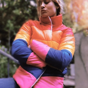 Brie Larson Celebrity Inspired Puffer Rainbow Jacket