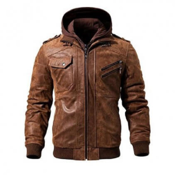 Brown Genuine Leather Motorcycle Jacket Bomber Style Removable Hood Jackets