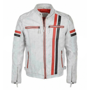 Cafe Racer White Stripe Gulf 2 Leather Jacket
