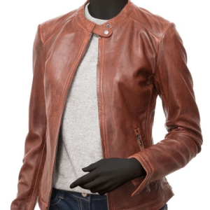 Calgary Ladies Cognac Biker Leather Jacket
