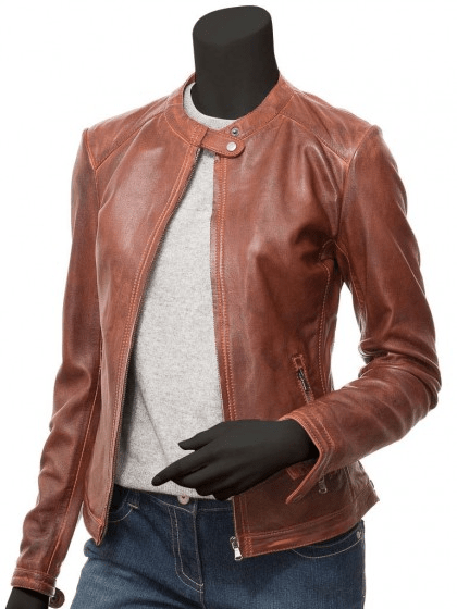 Calgary Ladies Cognac Biker Leather Jacket