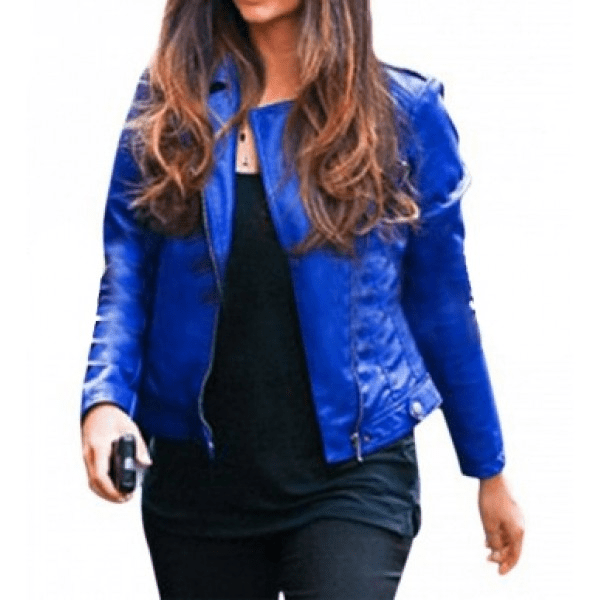 Camila Alves Biker Style Blue Leather Jacket