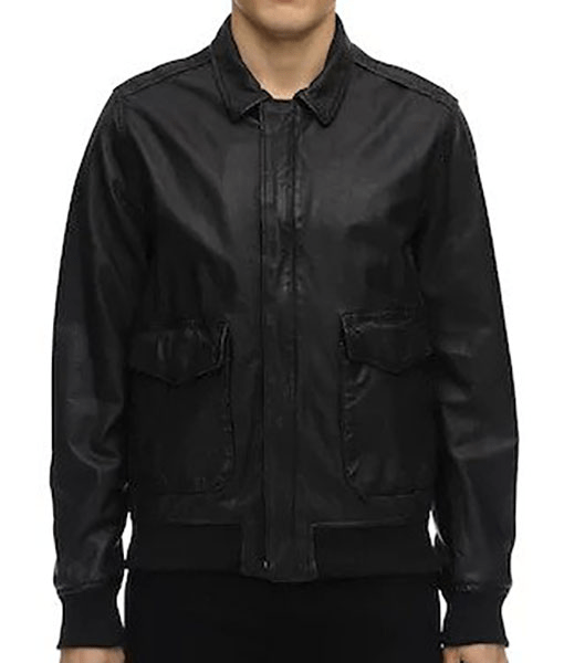 Covered Zipper Bomber Black Leather Jacket