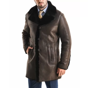 Deep Fur Collar Brown Leather Winter Coat
