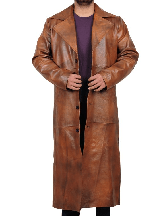 Distressed Classic Trench Leather Coat