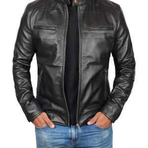 Dodge Black Lambskin Biker Style Leather Jacket