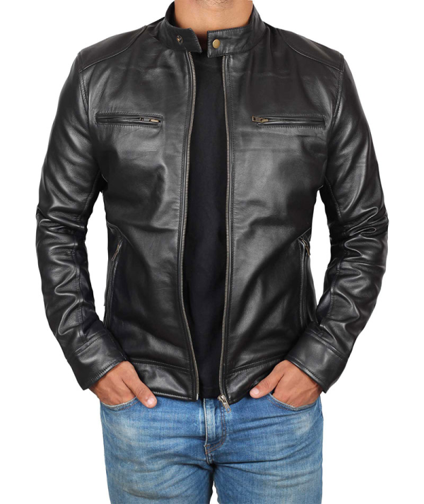 Dodge Black Lambskin Biker Style Leather Jacket