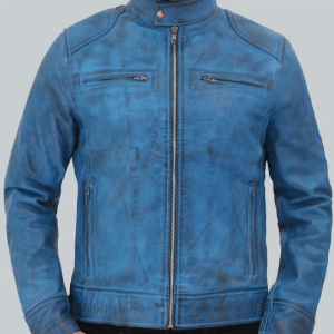 Dodge Cafe Racer Sky Blue Leather Jacket