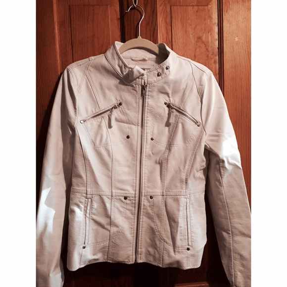 Dress Barn White Ruffle Faux Leather Jacket
