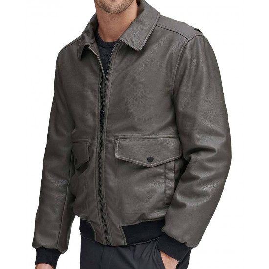 Flap Pockets Shirt Collar Grey Leather Bomber Jacket