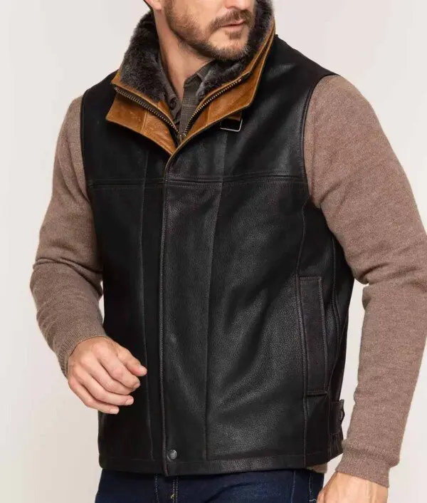 Goatskin Leather Merino Shearling Collar Black Vest
