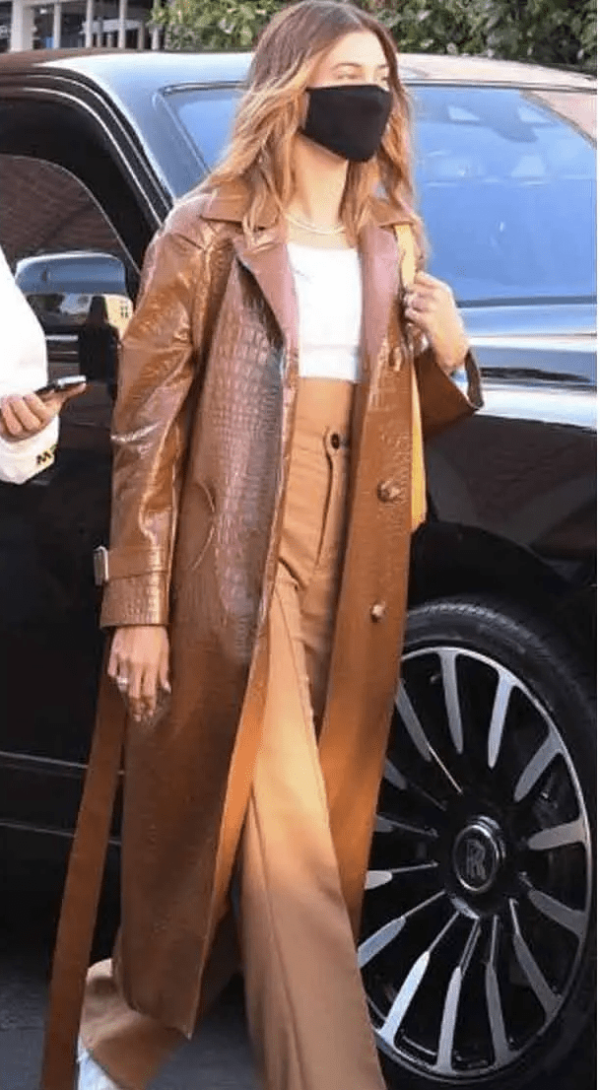 Hailey Bieber Leather Trench Coat