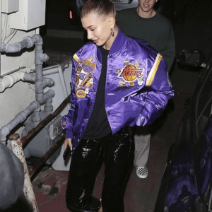 Haileys Baldwin Bieber Purple Bomber Satin Jacket