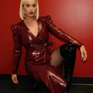 Katy Perry Belted Leather Coat