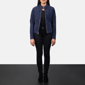 Kelsee Navy Blue Biker Suede Leather Jacket