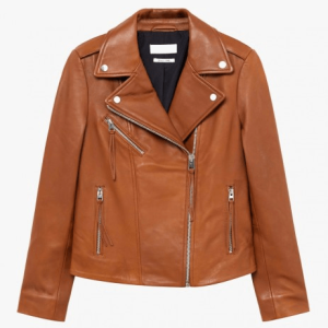 Mango Zip-Detail Brown Leather Jacket