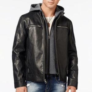 Mens Guess Hooded Moto Leather Jacket