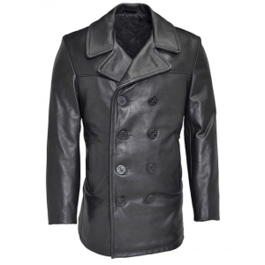 Men's Point Zero Black Leather Pea Coat