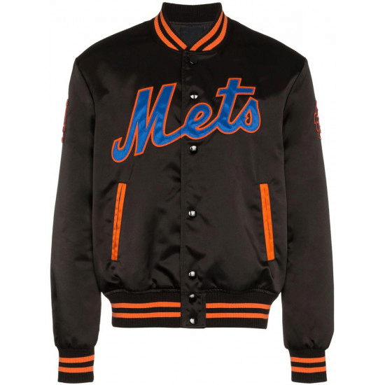 Mets New York Satin Black Bomber Jacket