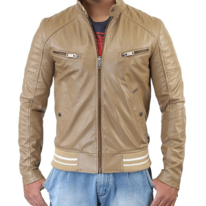 Motorbike Beige Bomber Leather Jacket