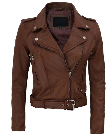 Nellie Asymmetrical Dark Brown Cropped Leather Jacket