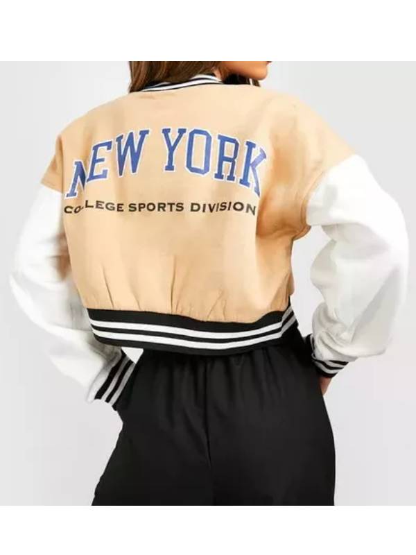 Women's New York Cropped Cream Varsity Jacket
