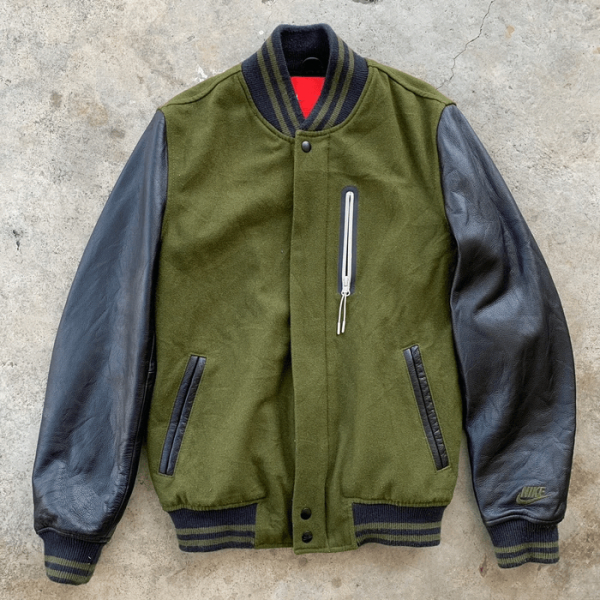 Nikes Letterman Green Wool Sleeves Leather Jacket