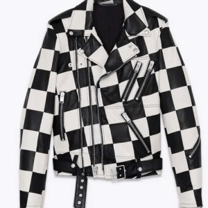 Paris Buckingham Bold And Beautiful Checkered Moto Leather Jacket