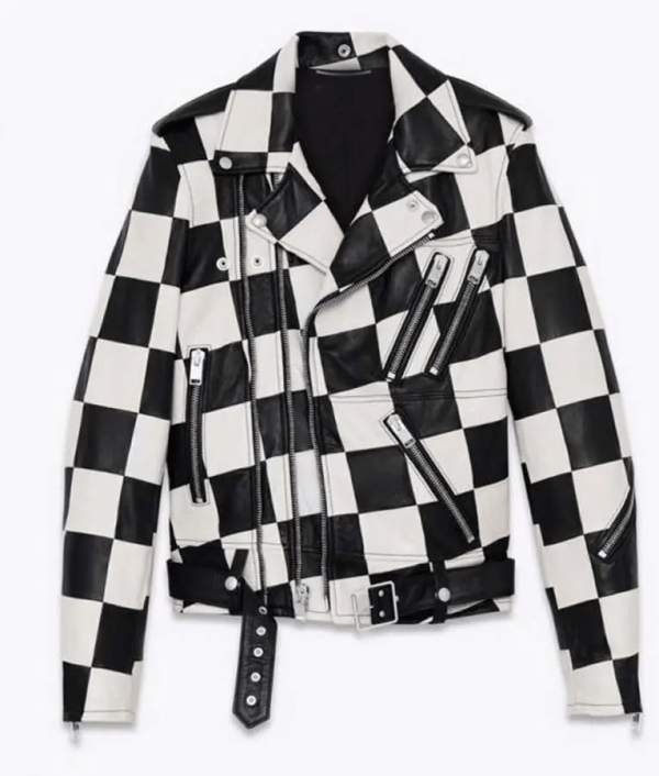 Paris Buckingham Bold And Beautiful Checkered Moto Leather Jacket