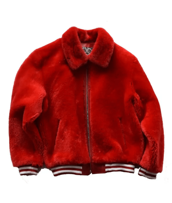 Red Faux Fur Varsity Bomber Jacket
