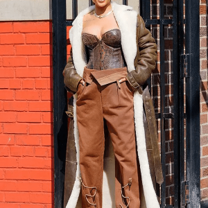 Rihanna Long Shearling Trench Leather Coat
