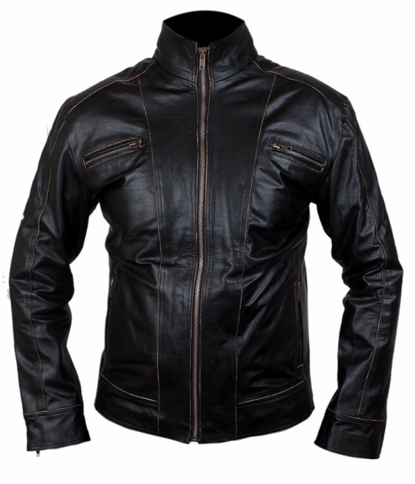 Rivet Faded Seams Biker Black Leather Jacket