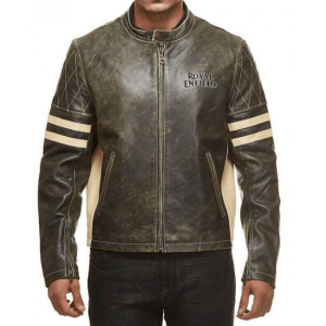 Royal Enfield Striped Cafe Racer Leather Biker Jacket