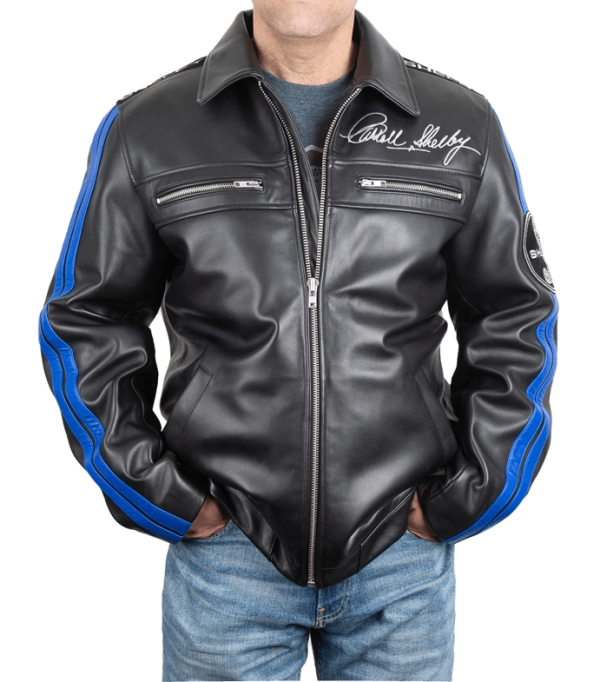 Shelby Blue Racing Stripes Leather Jacket