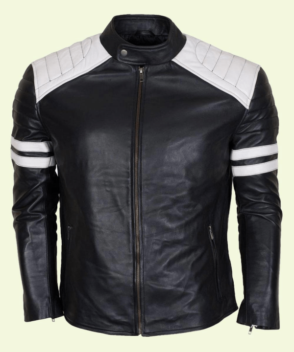 Stylish Men's Padded White Striped Black Cafe Racer Leather Jacket