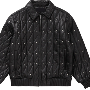 Quilted Studded Bomber Leather Jacket