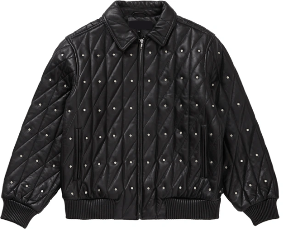 Quilted Studded Bomber Leather Jacket