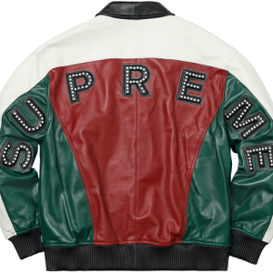 Studded Arc Logo Bomber Leather Jacket