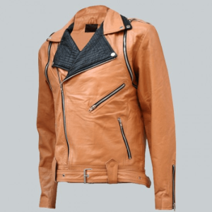 Tan And Black Draped Leather Jacket