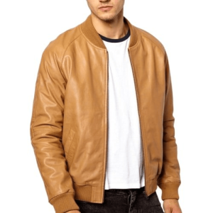 Tan Brown Bomber Leather Jacket.